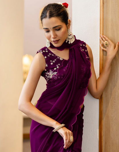 Wine Georgette Dyed Plain Saree