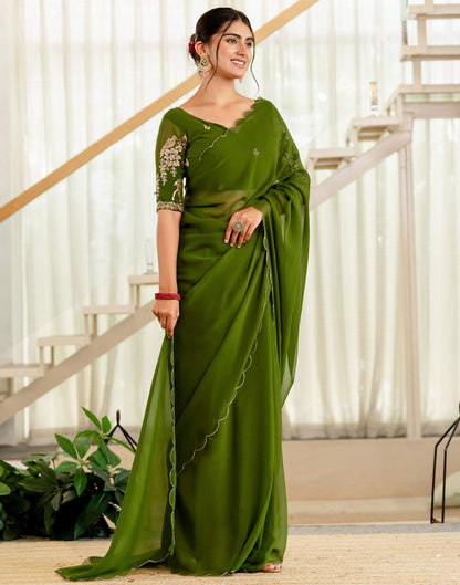 Mehandi Green Georgette Dyed Plain Saree
