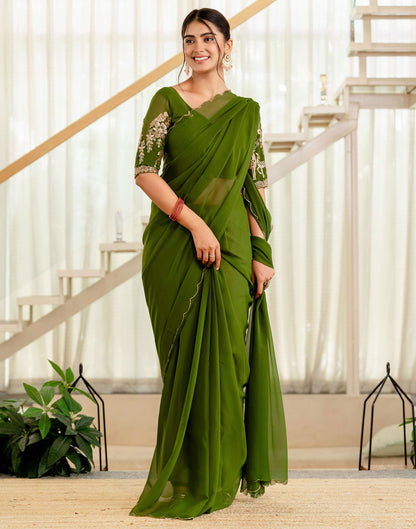 Mehandi Green Georgette Dyed Plain Saree