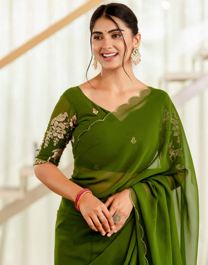Mehandi Green Georgette Dyed Plain Saree