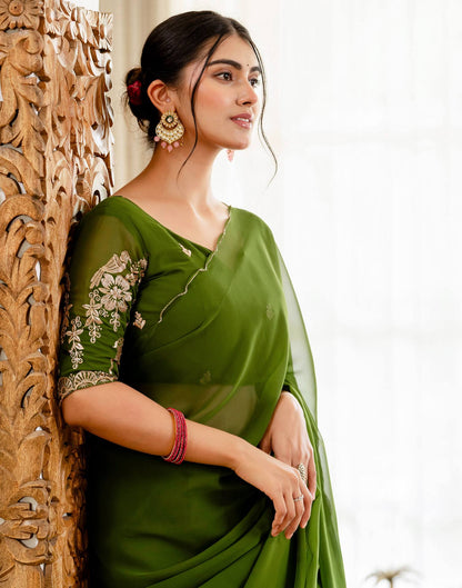 Mehandi Green Georgette Dyed Plain Saree