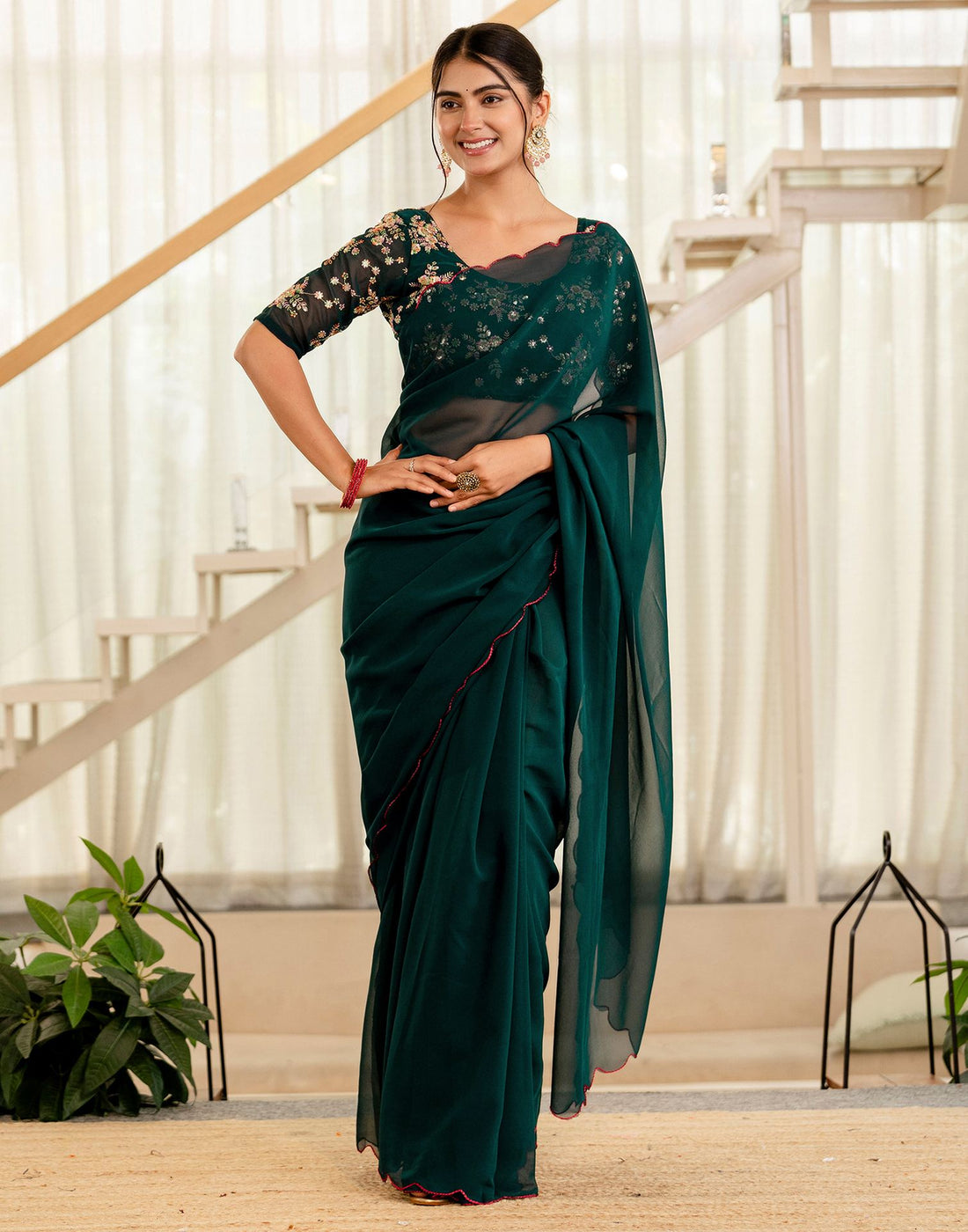 Rama Green Georgette Dyed Plain Saree