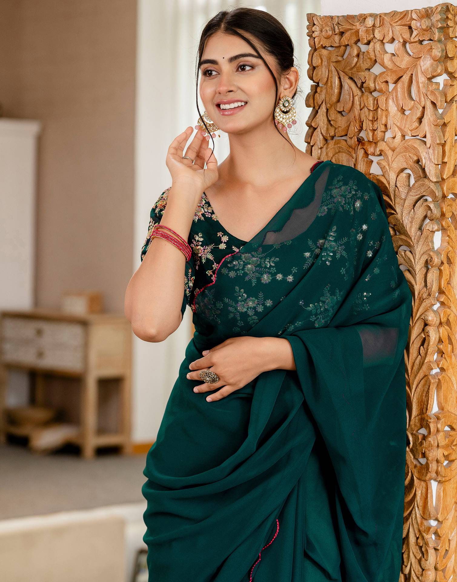 Rama Green Georgette Dyed Plain Saree