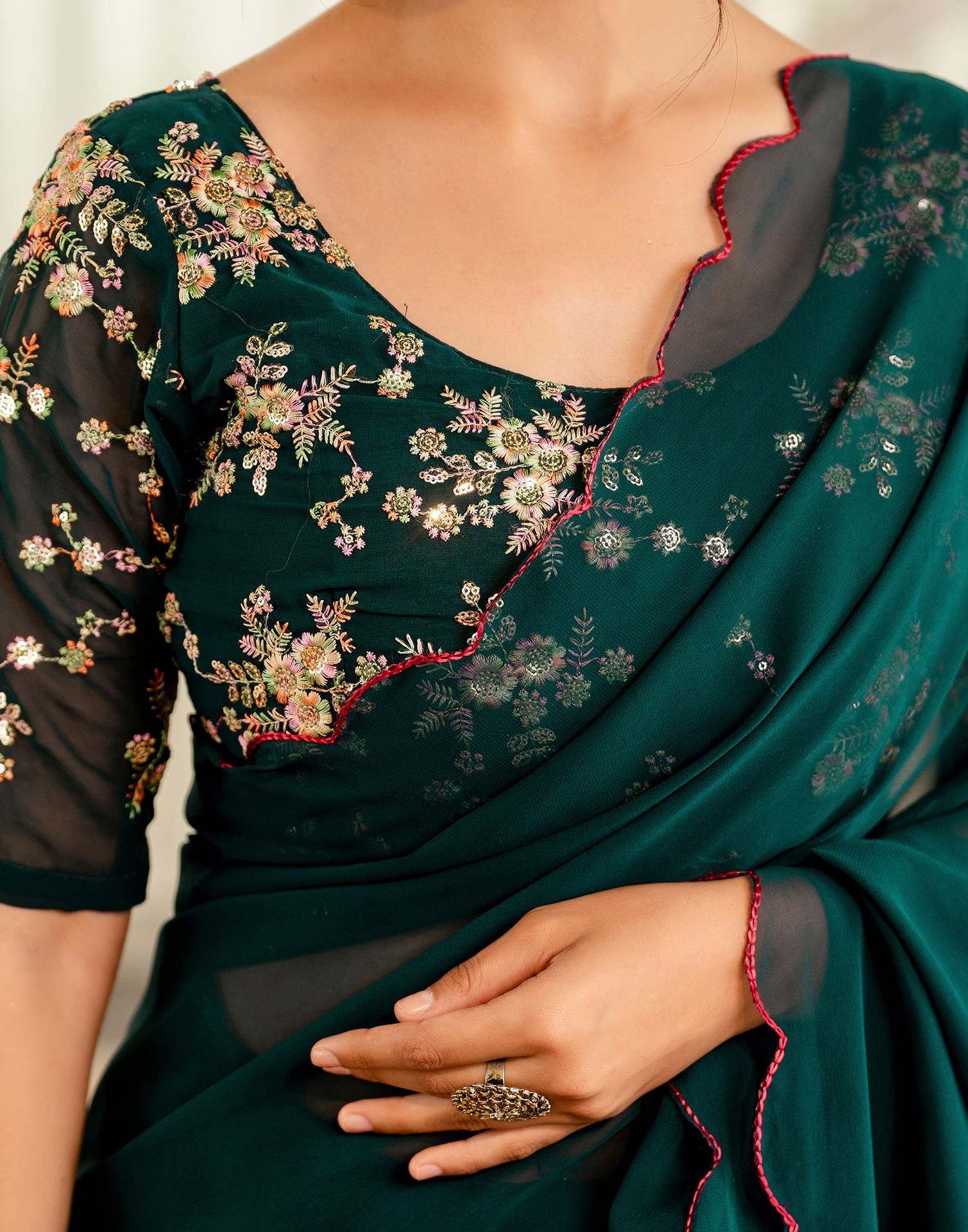 Rama Green Georgette Dyed Plain Saree
