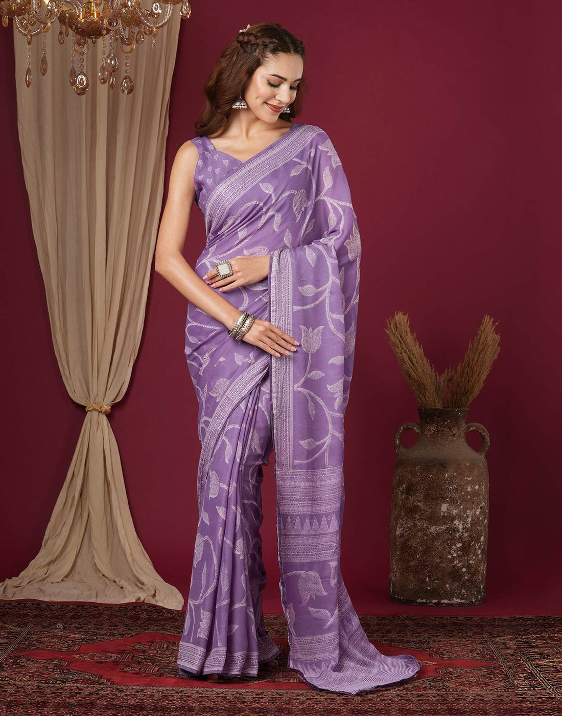Dusty Lavender Georgette Printed Saree