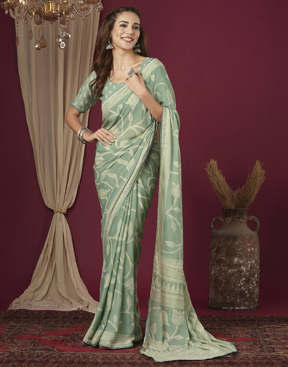Sea Green Georgette Printed Saree