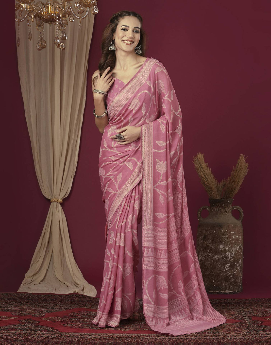 Rose Pink Georgette Printed Saree