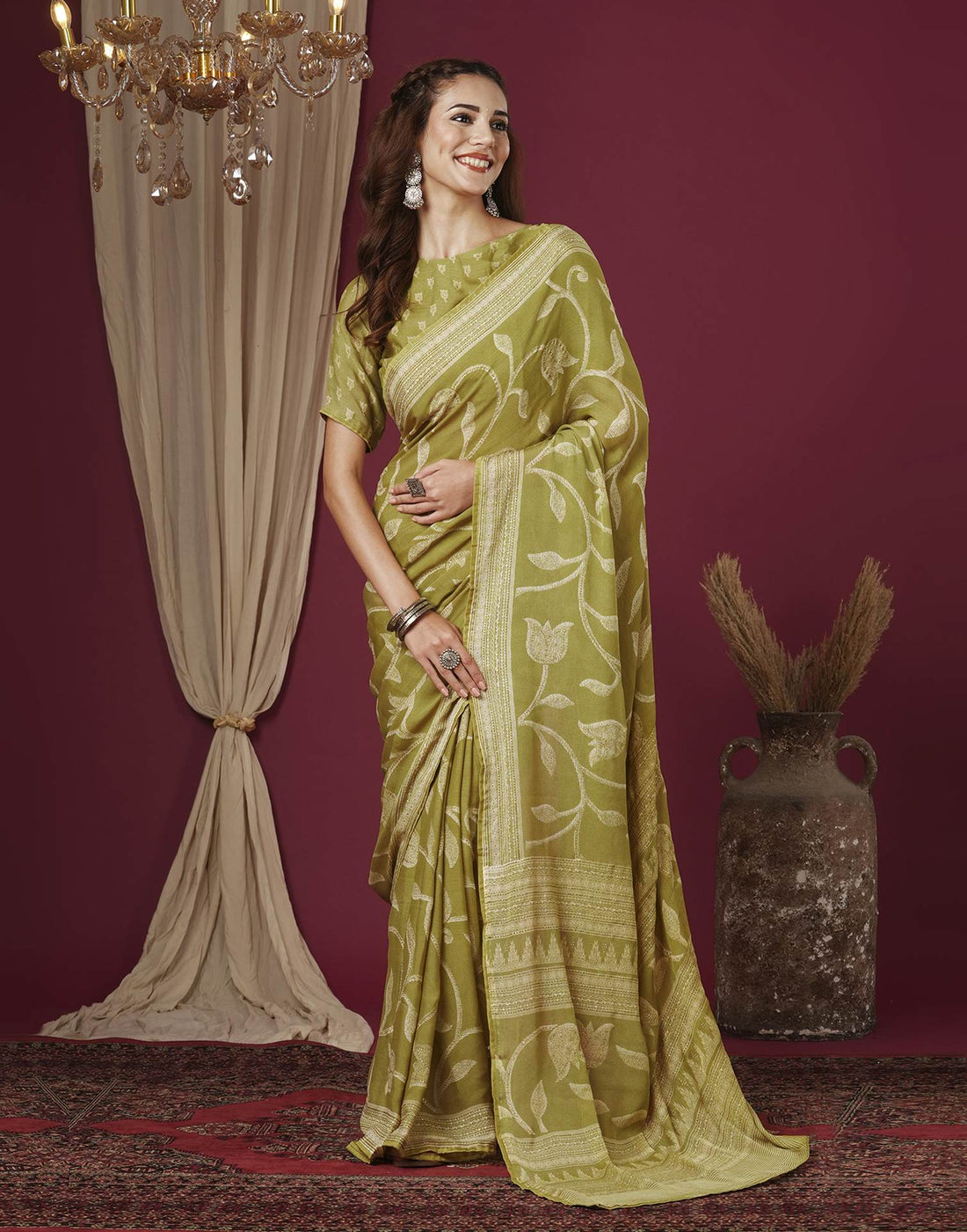 Dusty Green Georgette Printed Saree