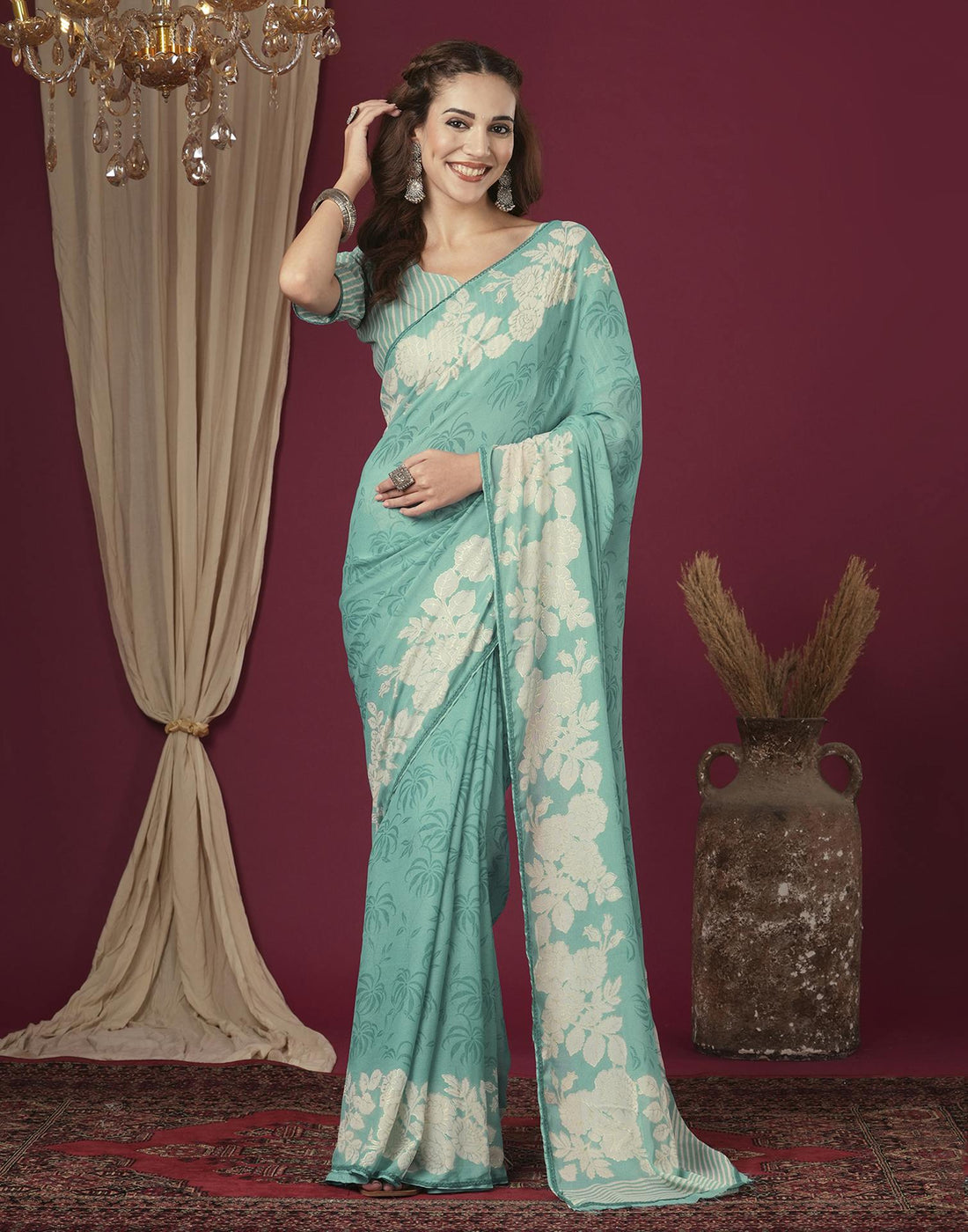 Light Teal Green Georgette Printed Saree