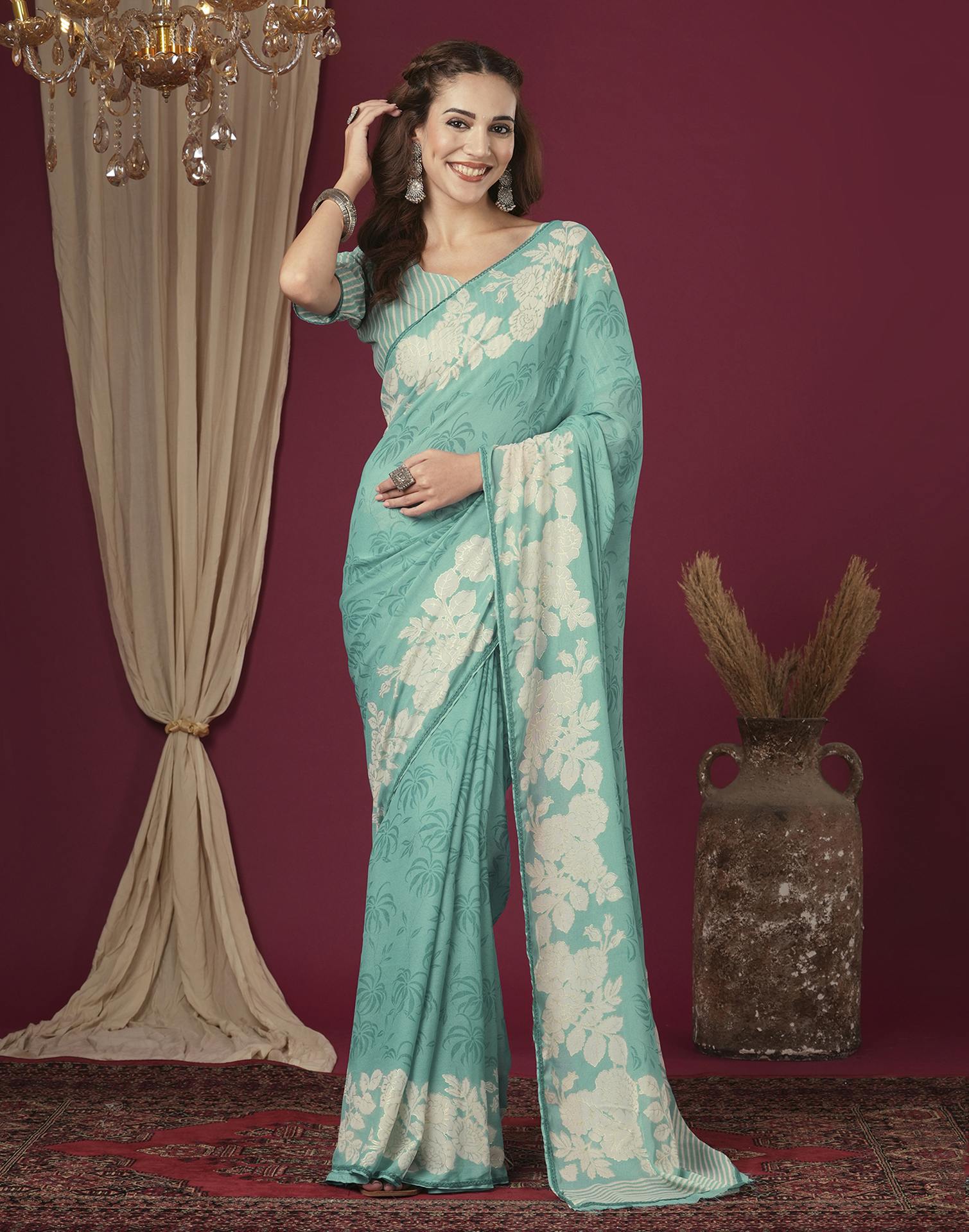 Light Teal Green Georgette Printed Saree