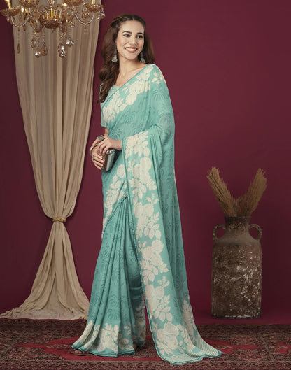 Light Teal Green Georgette Printed Saree