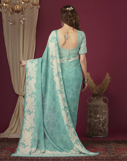 Light Teal Green Georgette Printed Saree