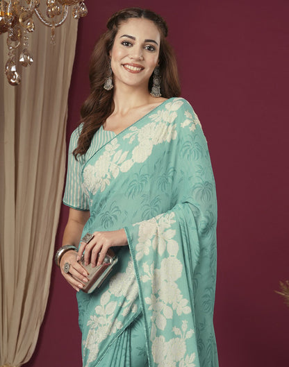 Light Teal Green Georgette Printed Saree