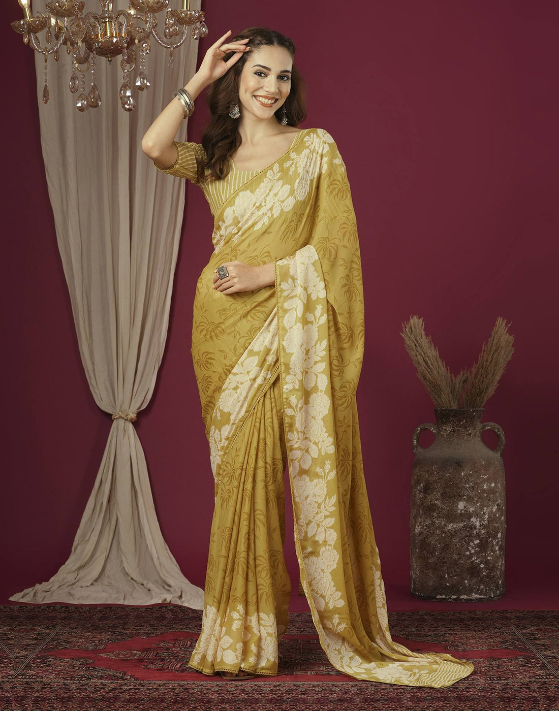Yellow Georgette Printed Saree