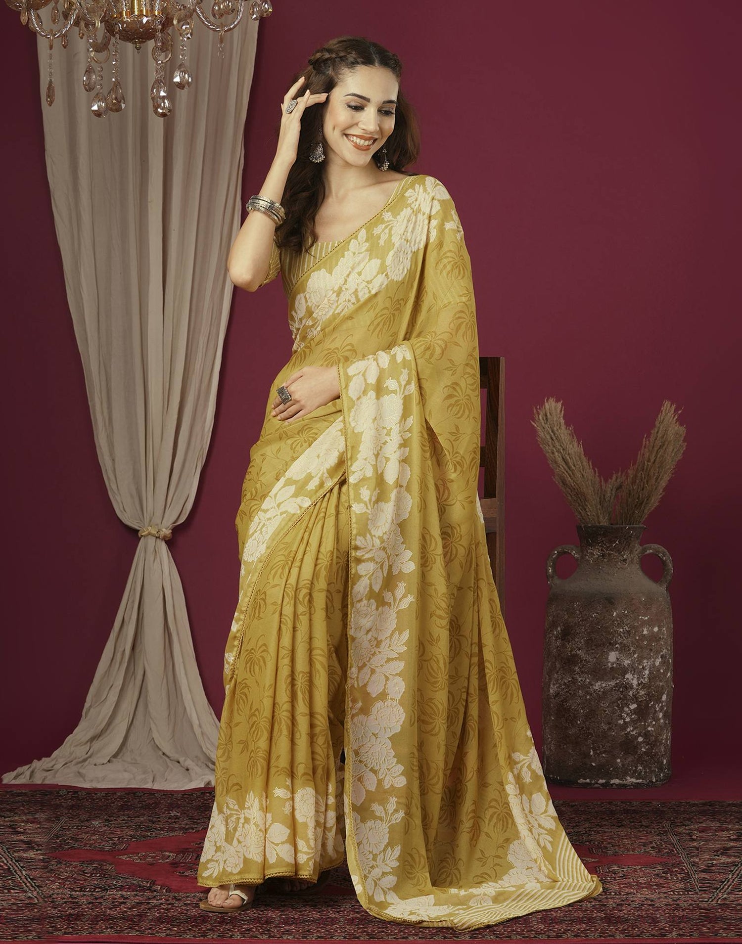 Yellow Georgette Printed Saree