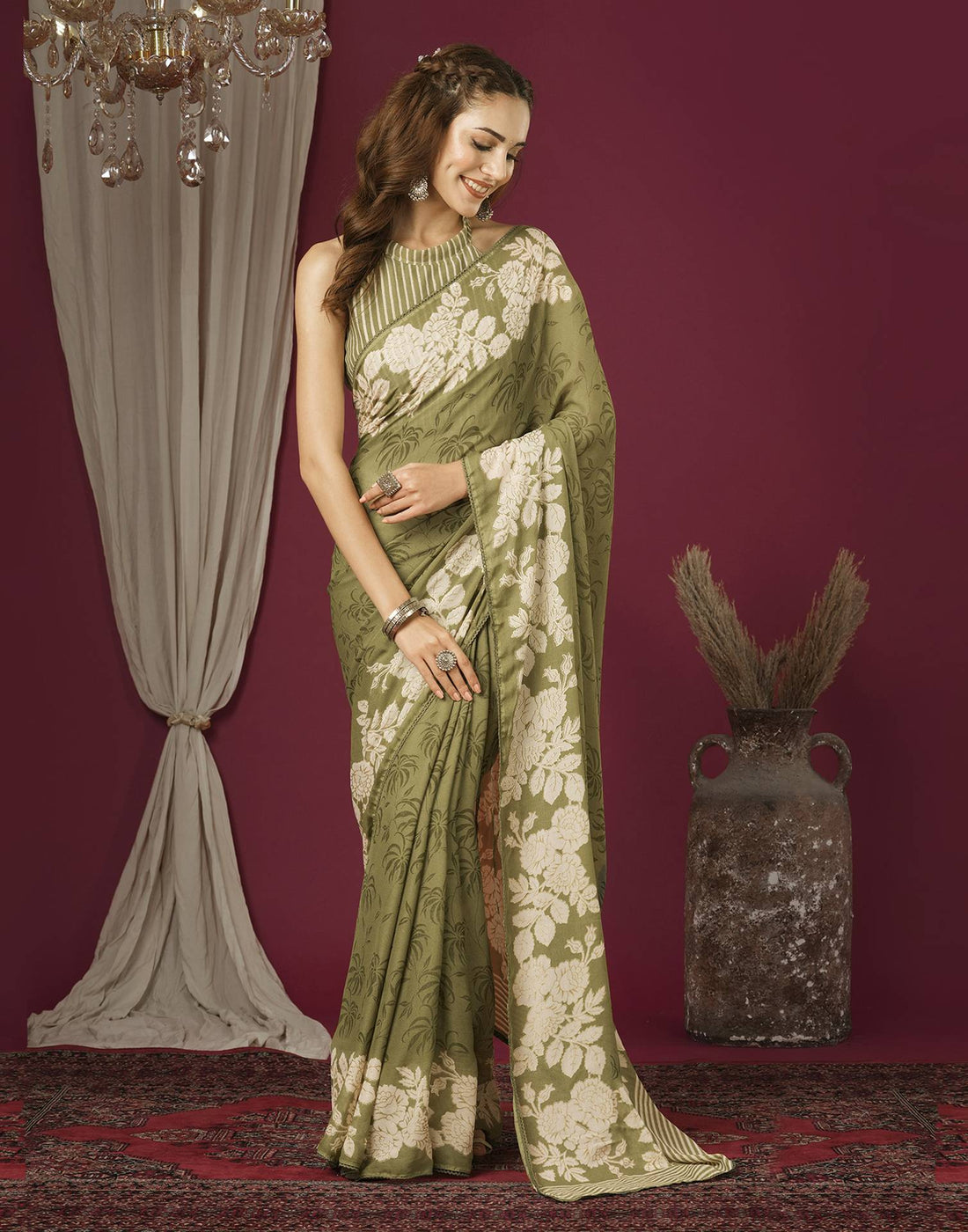 Dusty Green Georgette Printed Saree