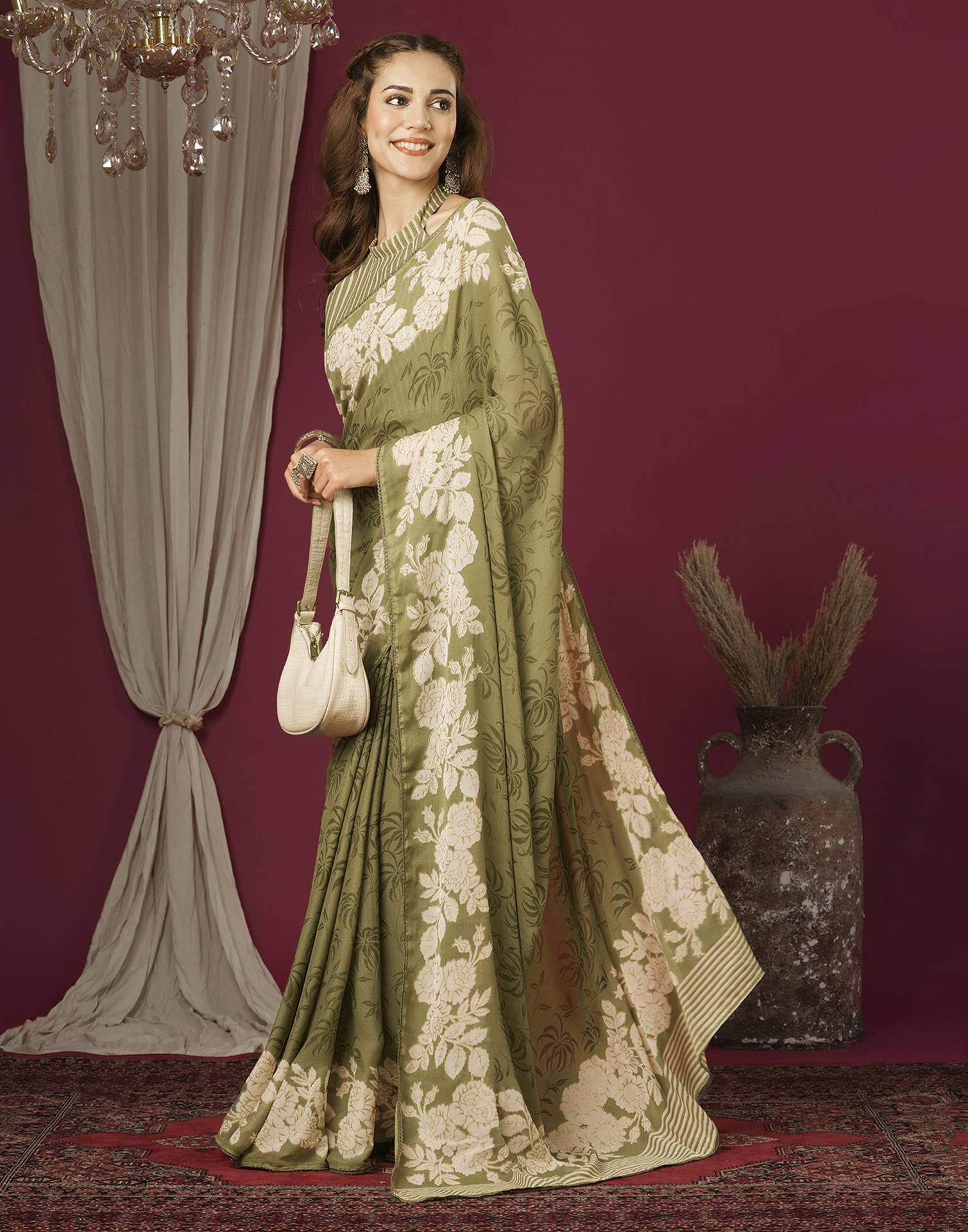Dusty Green Georgette Printed Saree