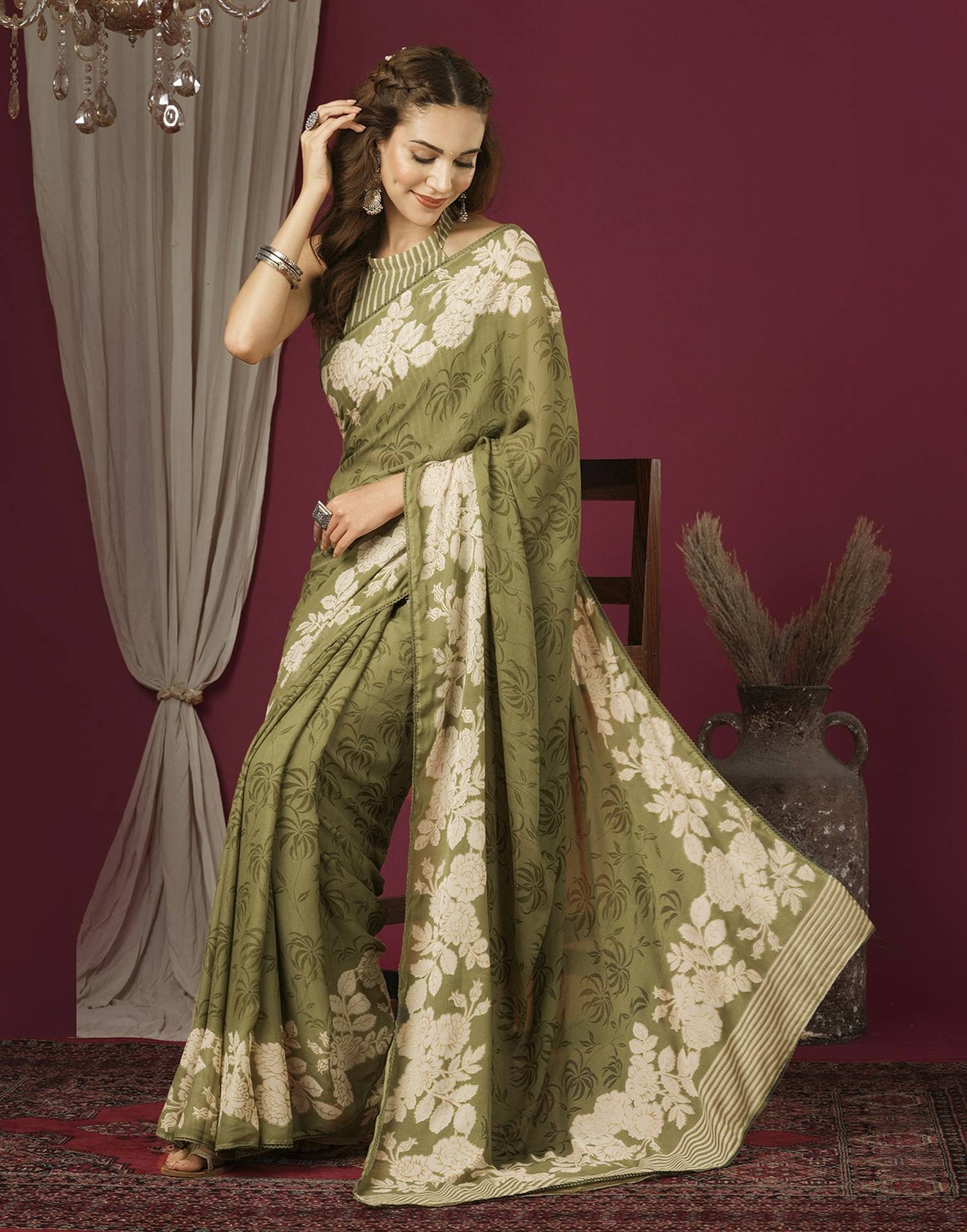 Dusty Green Georgette Printed Saree