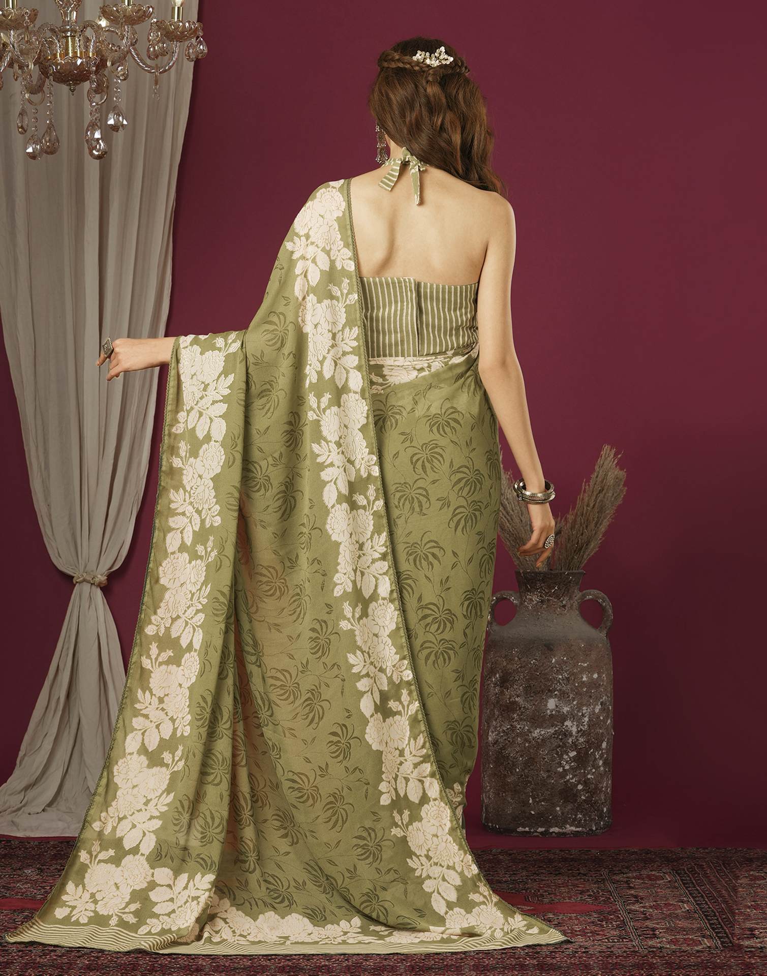 Dusty Green Georgette Printed Saree