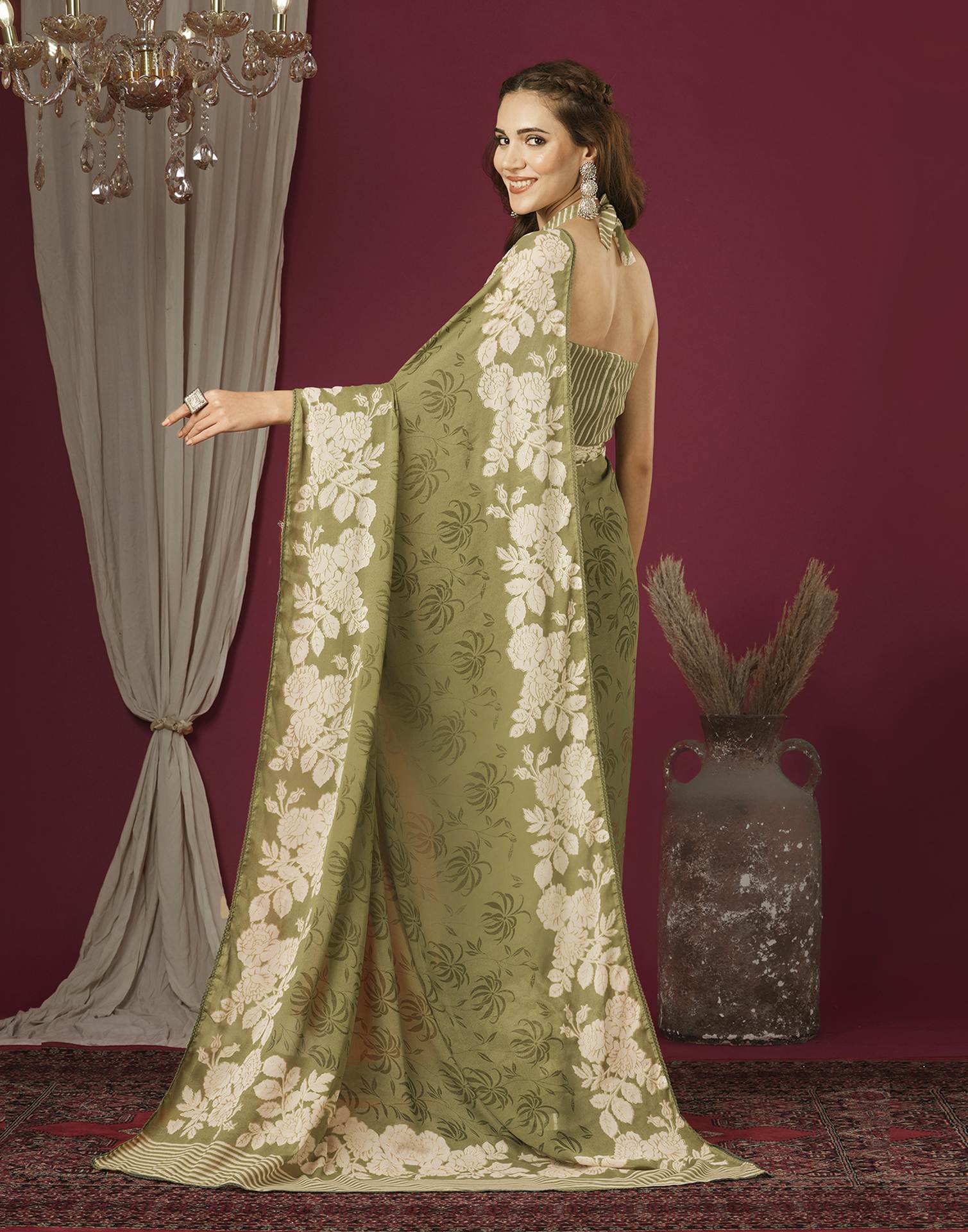 Dusty Green Georgette Printed Saree
