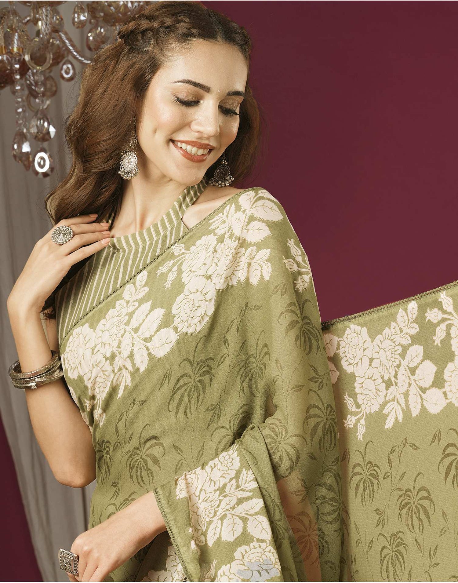 Dusty Green Georgette Printed Saree