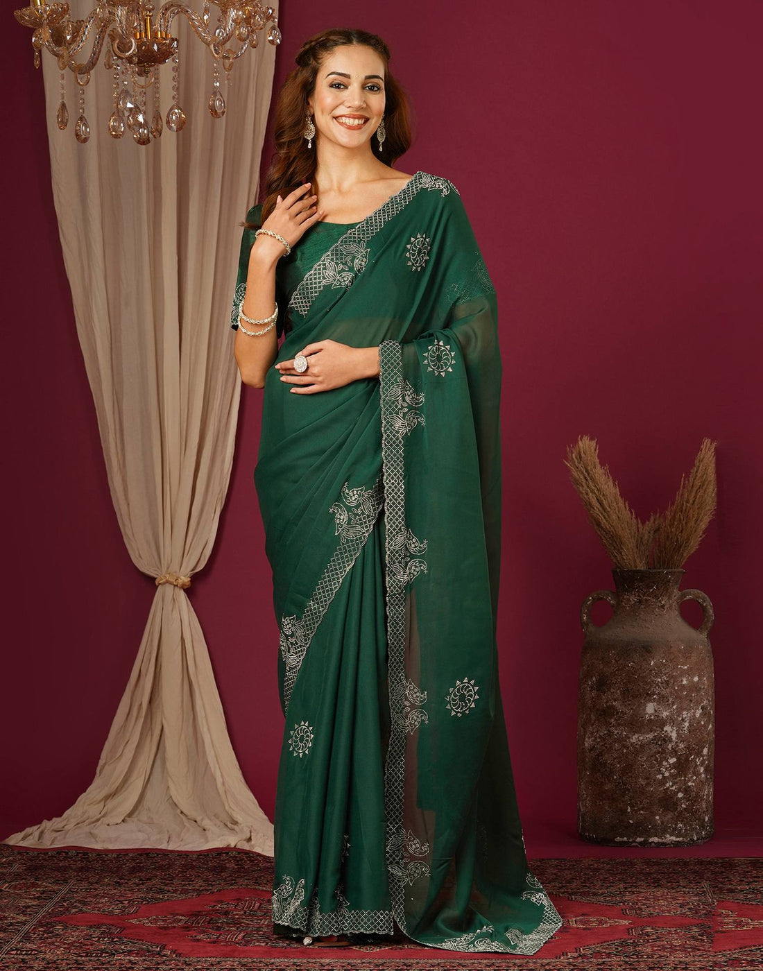 Dark Green Georgette Stone Work Swarovski Saree