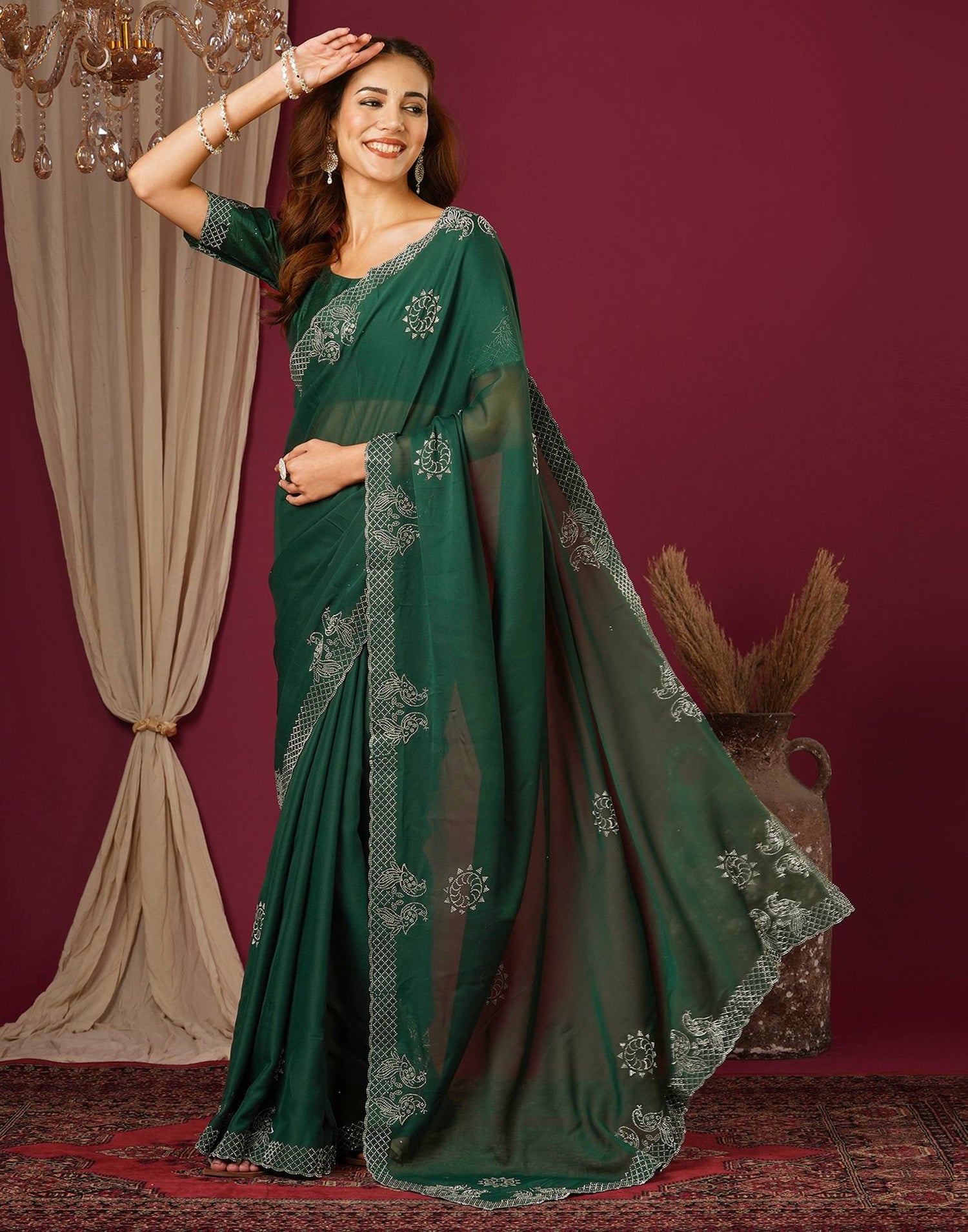 Dark Green Georgette Stone Work Swarovski Saree