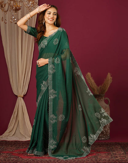Dark Green Georgette Stone Work Swarovski Saree