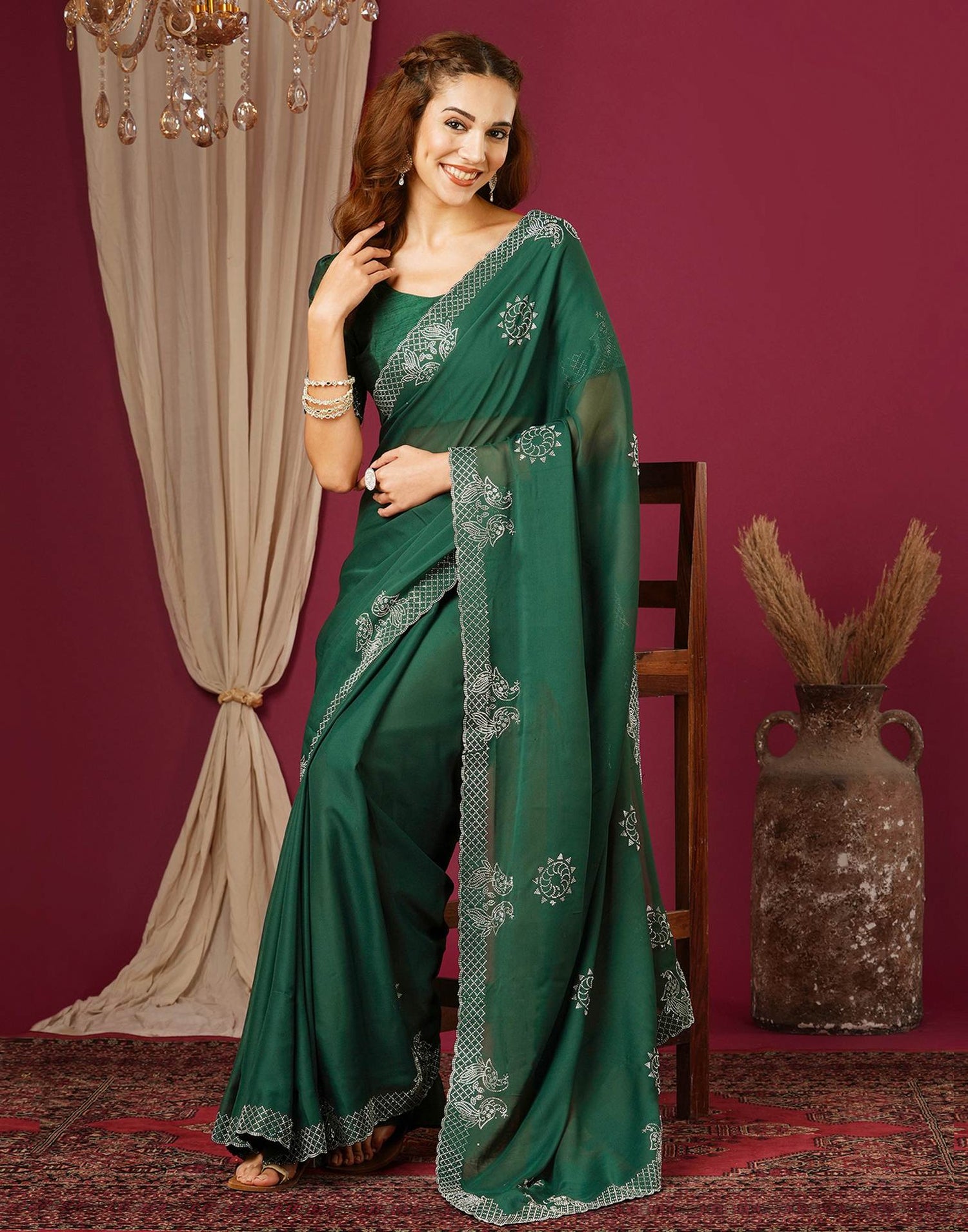 Dark Green Georgette Stone Work Swarovski Saree