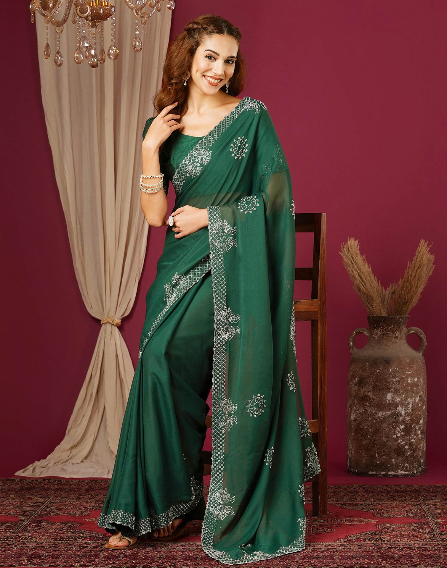 Dark Green Georgette Stone Work Swarovski Saree