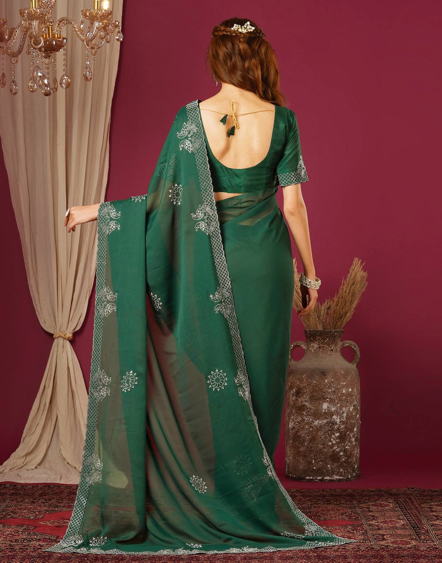 Dark Green Georgette Stone Work Swarovski Saree