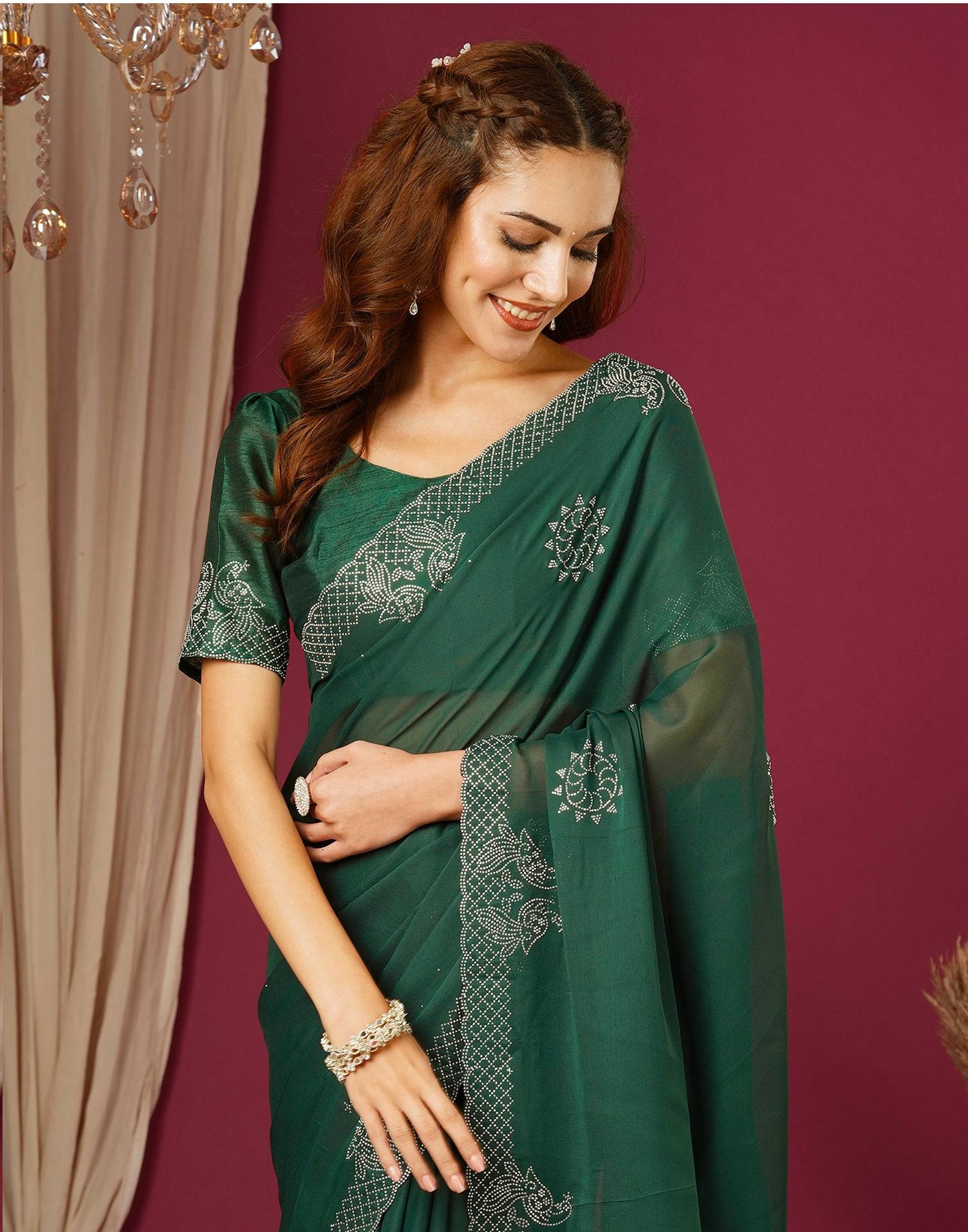 Dark Green Georgette Stone Work Swarovski Saree