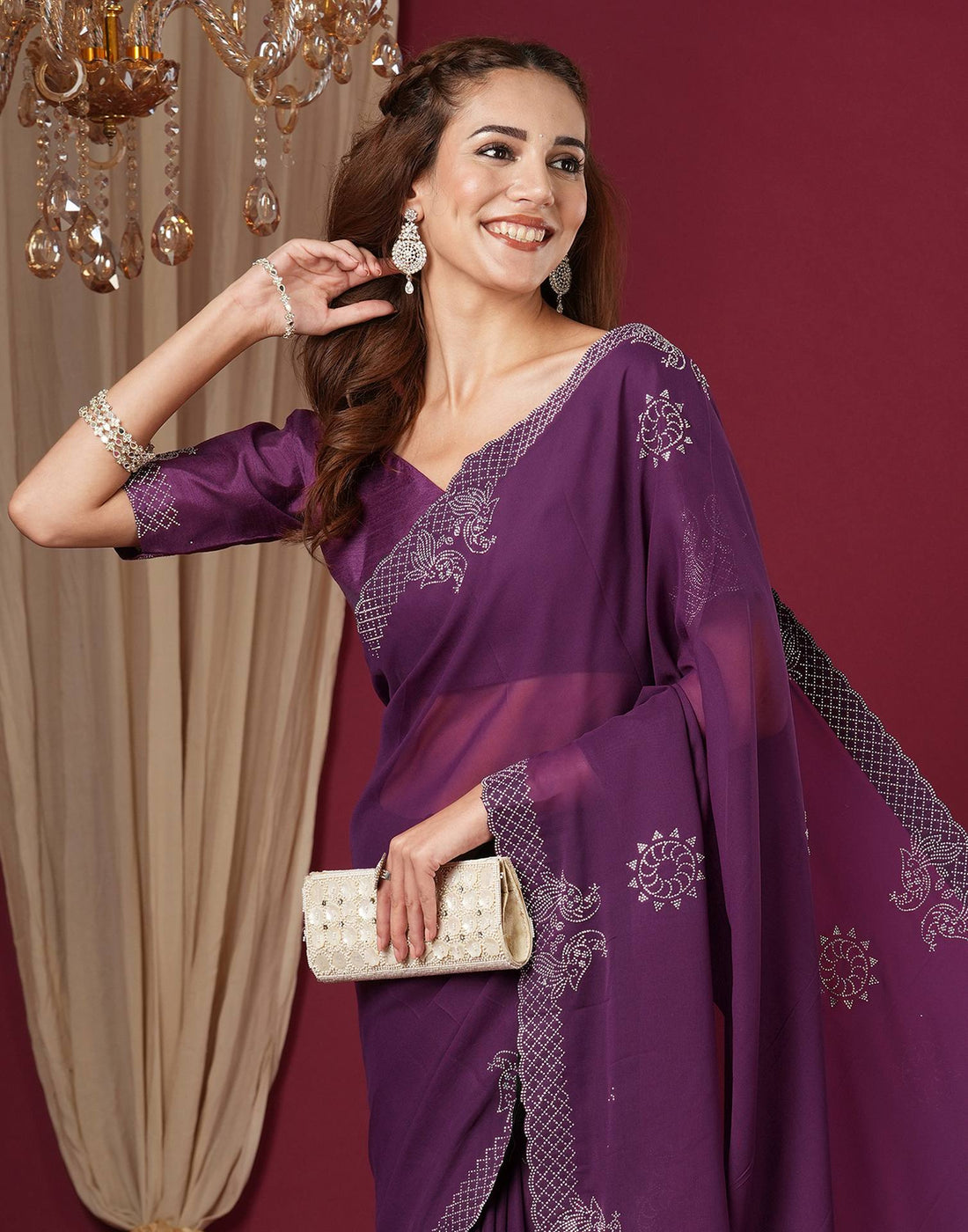 Dark Purple Georgette Stone Work Swarovski Saree