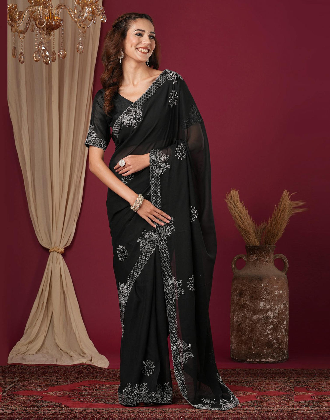 Black Georgette Stone Work Swarovski Saree