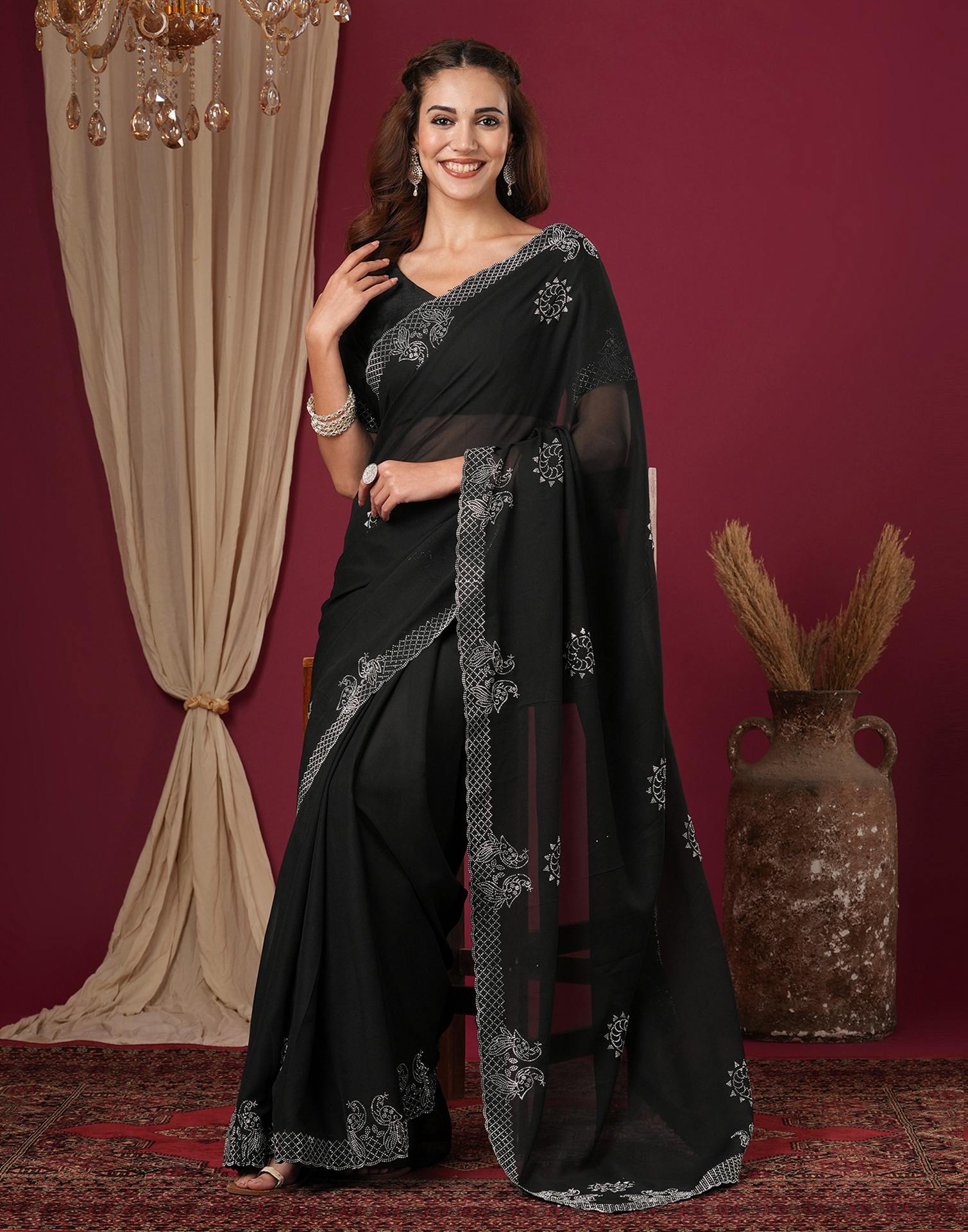 Black Georgette Stone Work Swarovski Saree