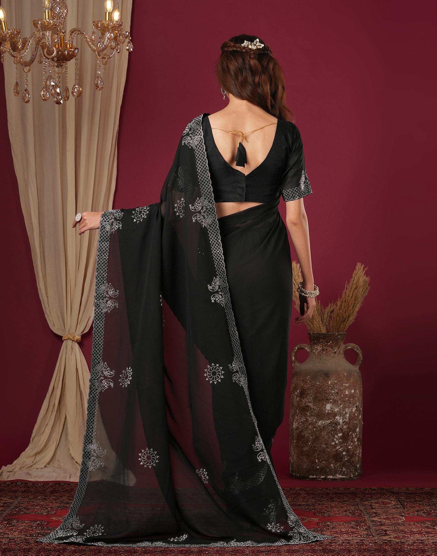 Black Georgette Stone Work Swarovski Saree