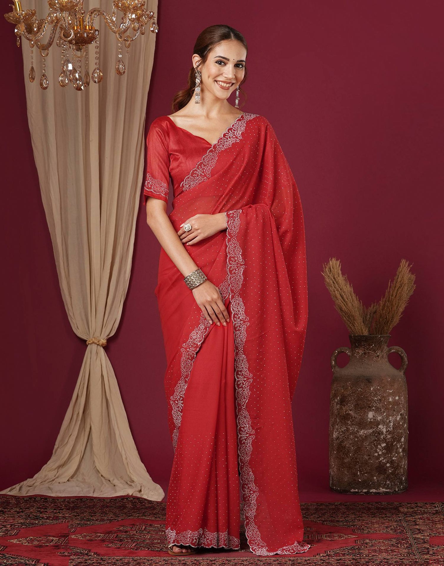 Red Georgette Stone Work Swarovski Saree