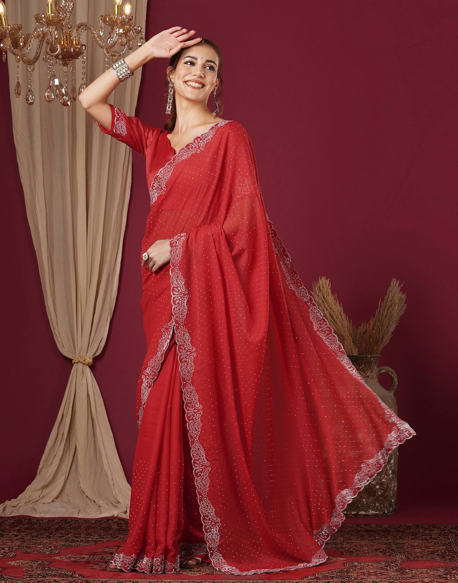 Red Georgette Stone Work Swarovski Saree