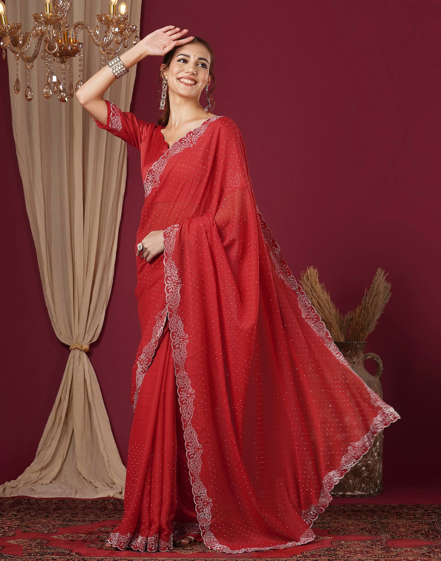 Red Georgette Stone Work Swarovski Saree