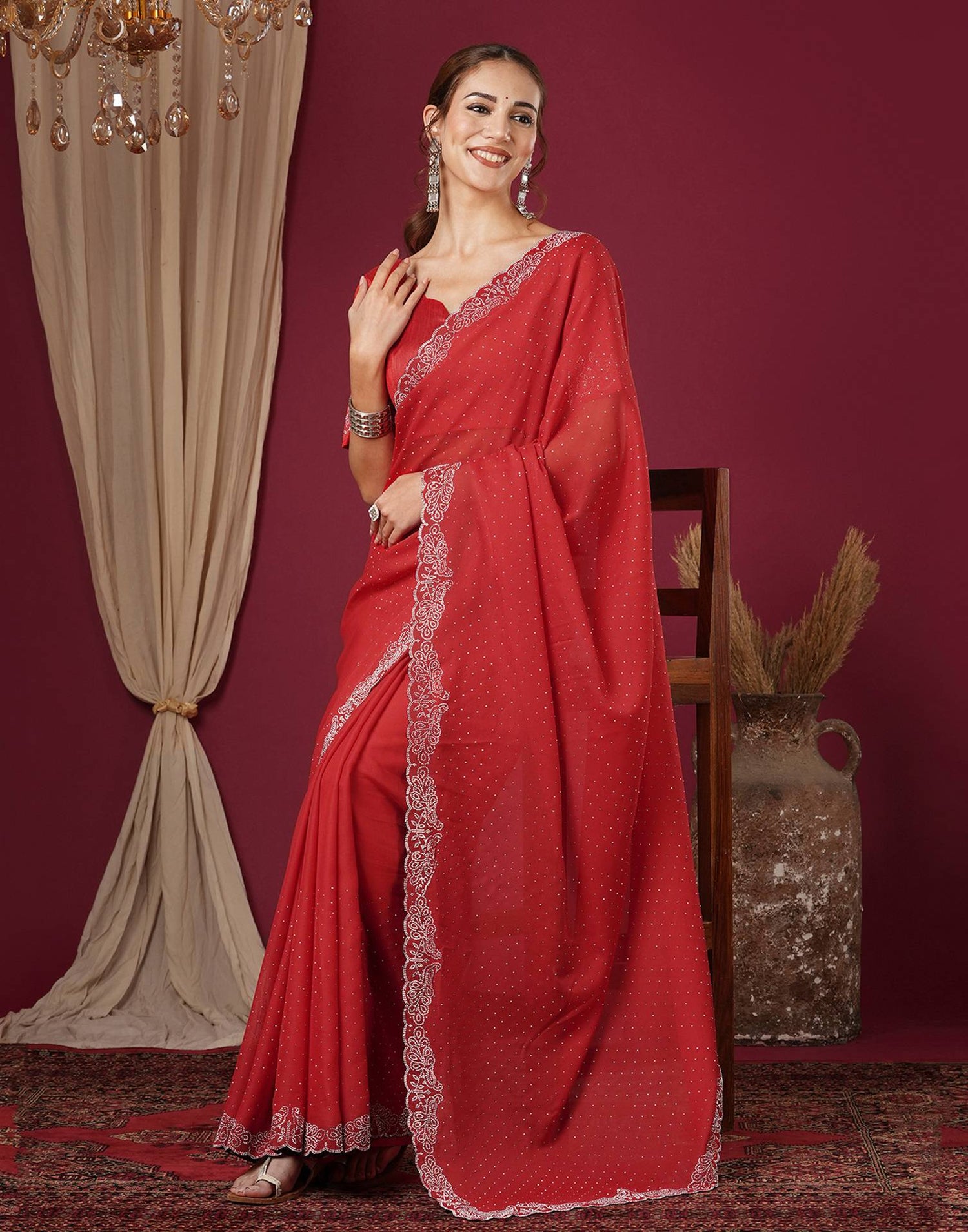 Red Georgette Stone Work Swarovski Saree