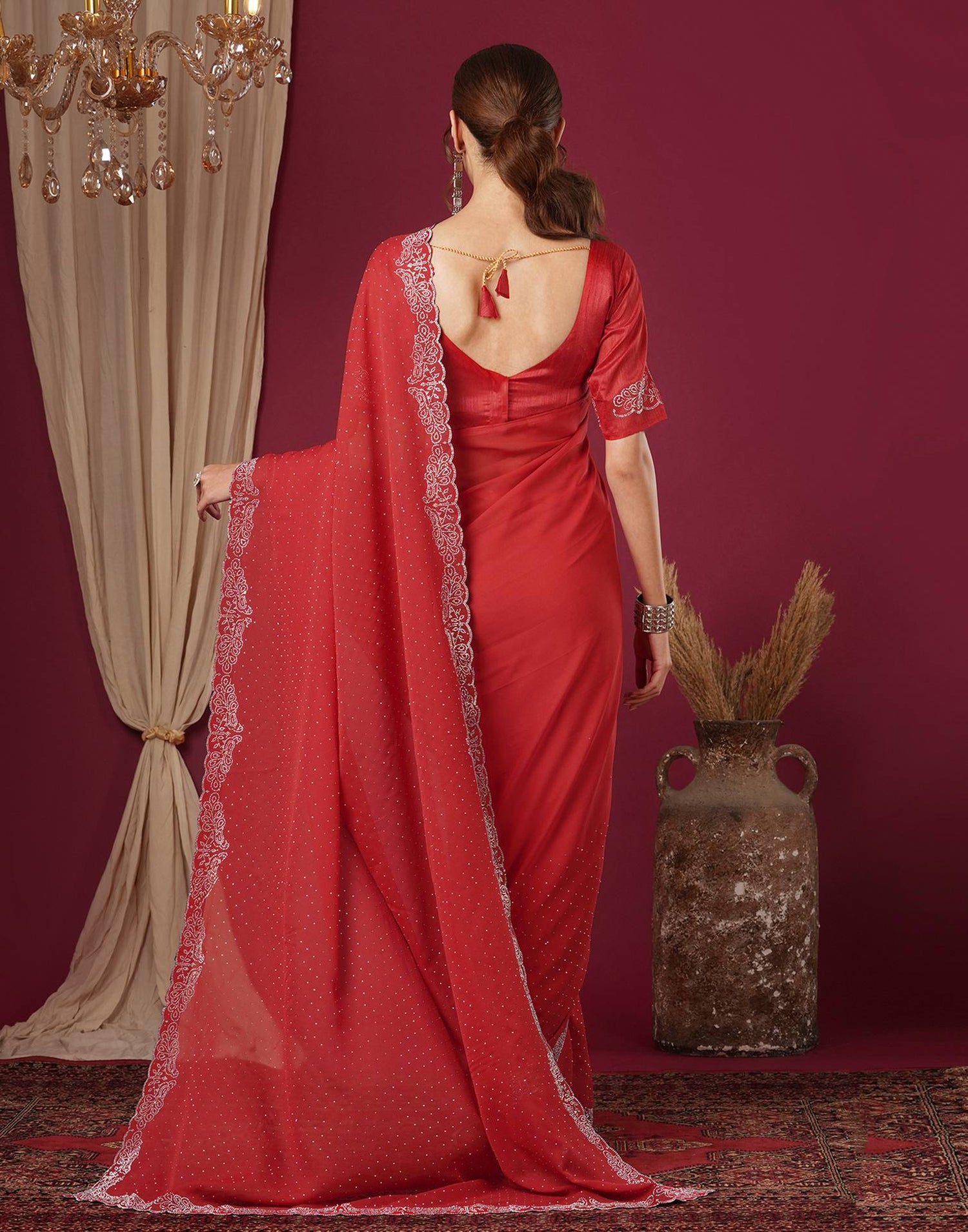 Red Georgette Stone Work Swarovski Saree