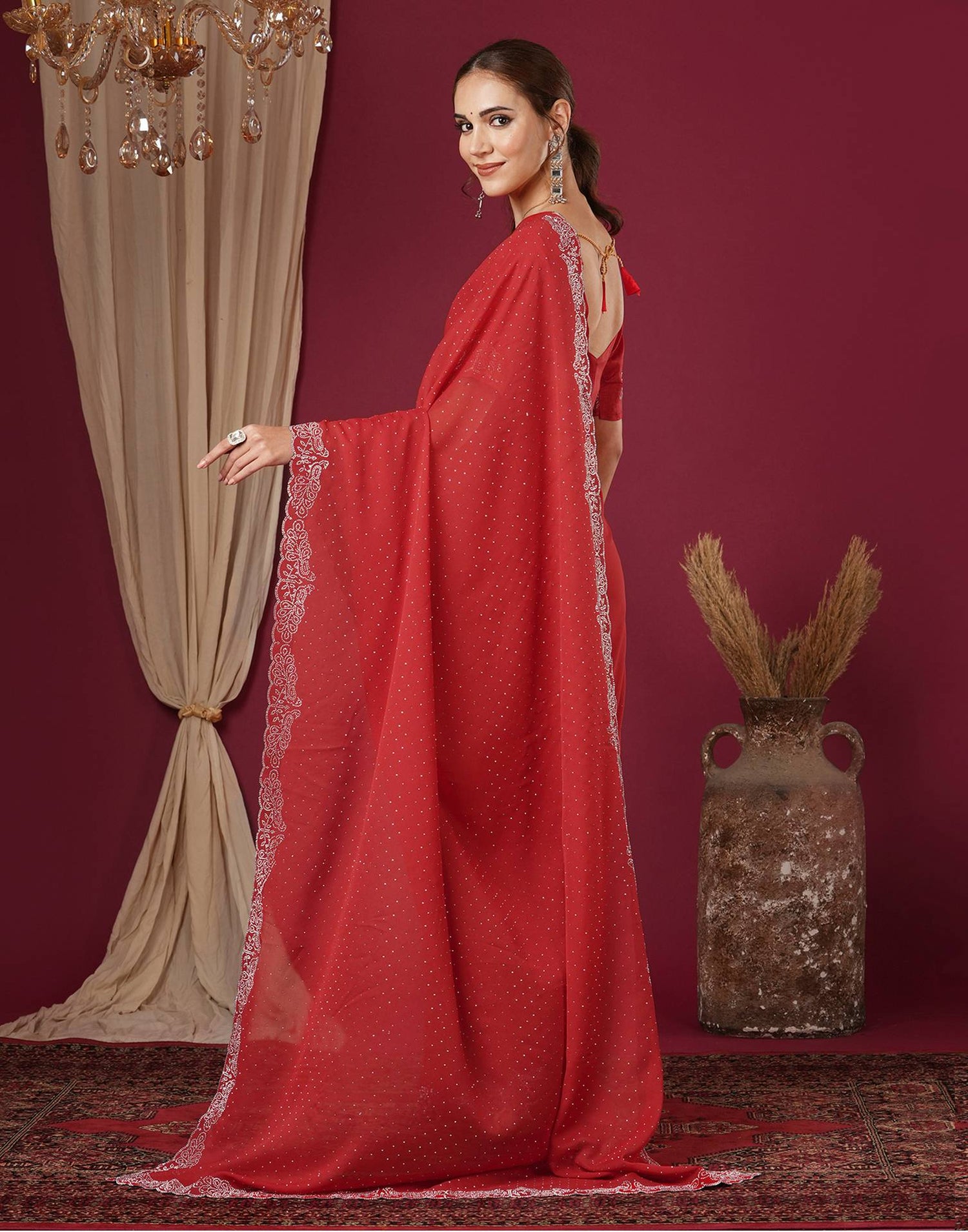 Red Georgette Stone Work Swarovski Saree