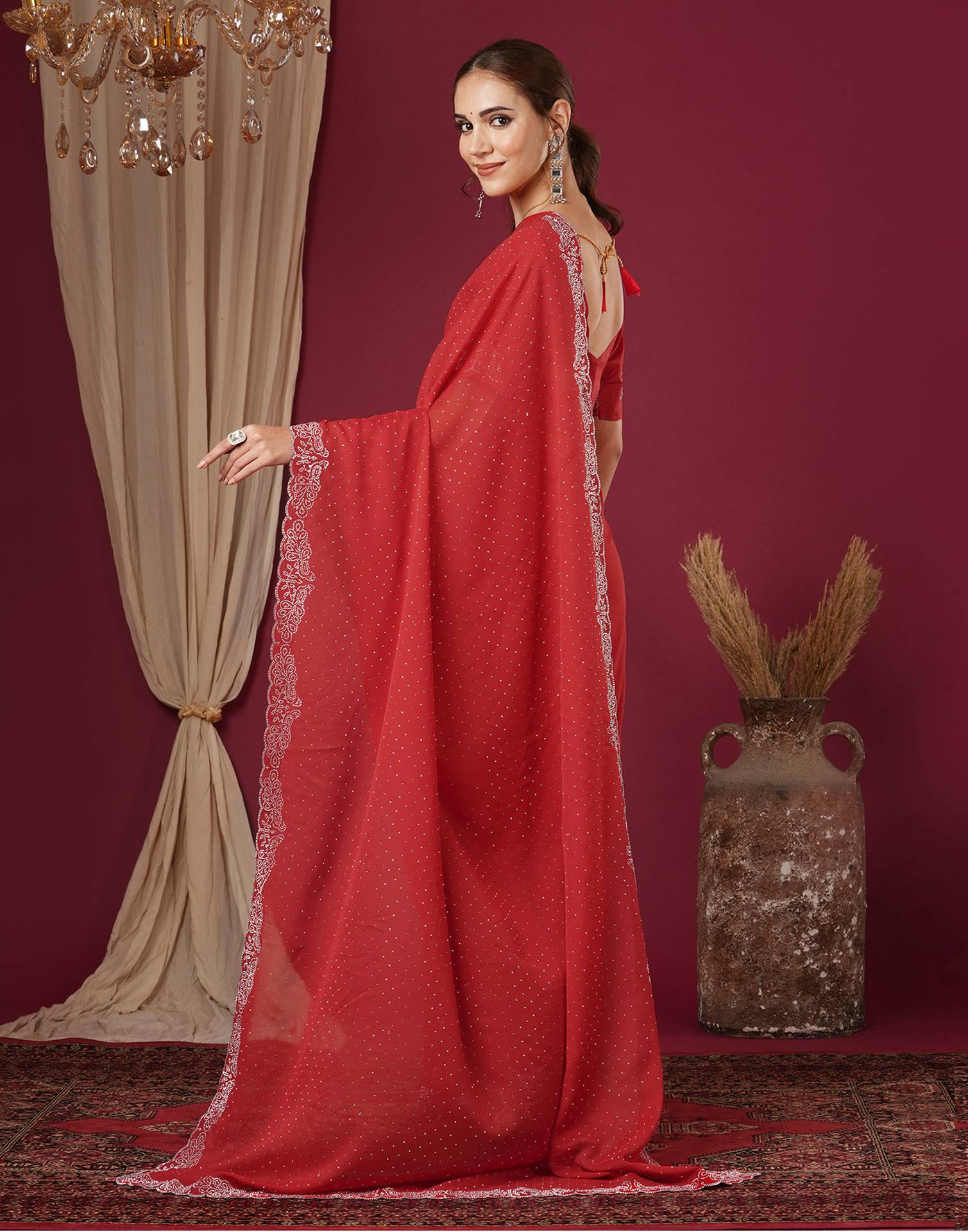 Red Georgette Stone Work Swarovski Saree