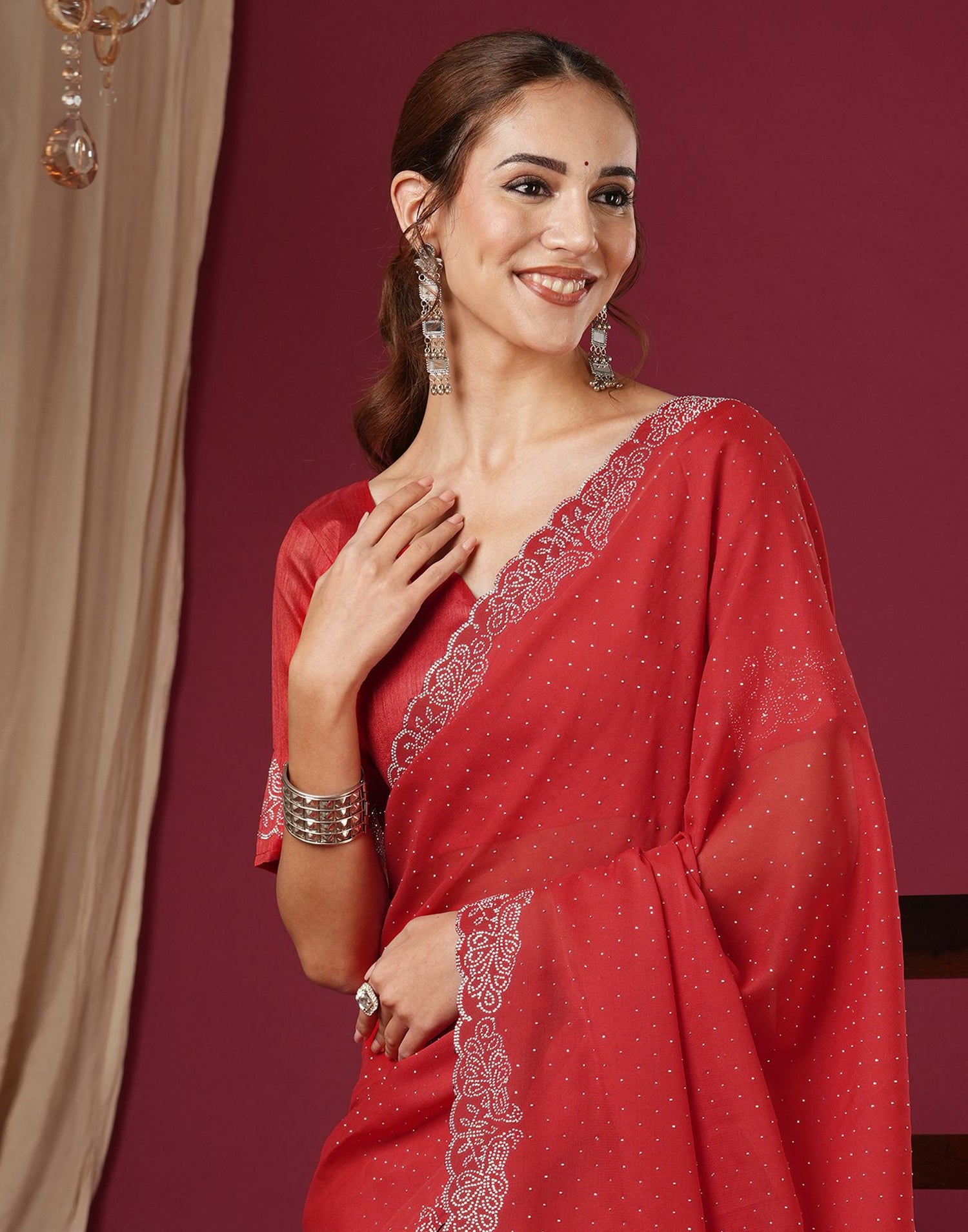 Red Georgette Stone Work Swarovski Saree