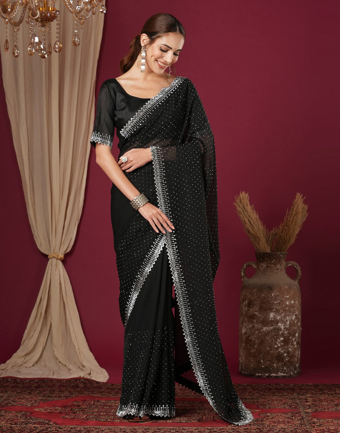 Black Georgette Stone Work Swarovski Saree