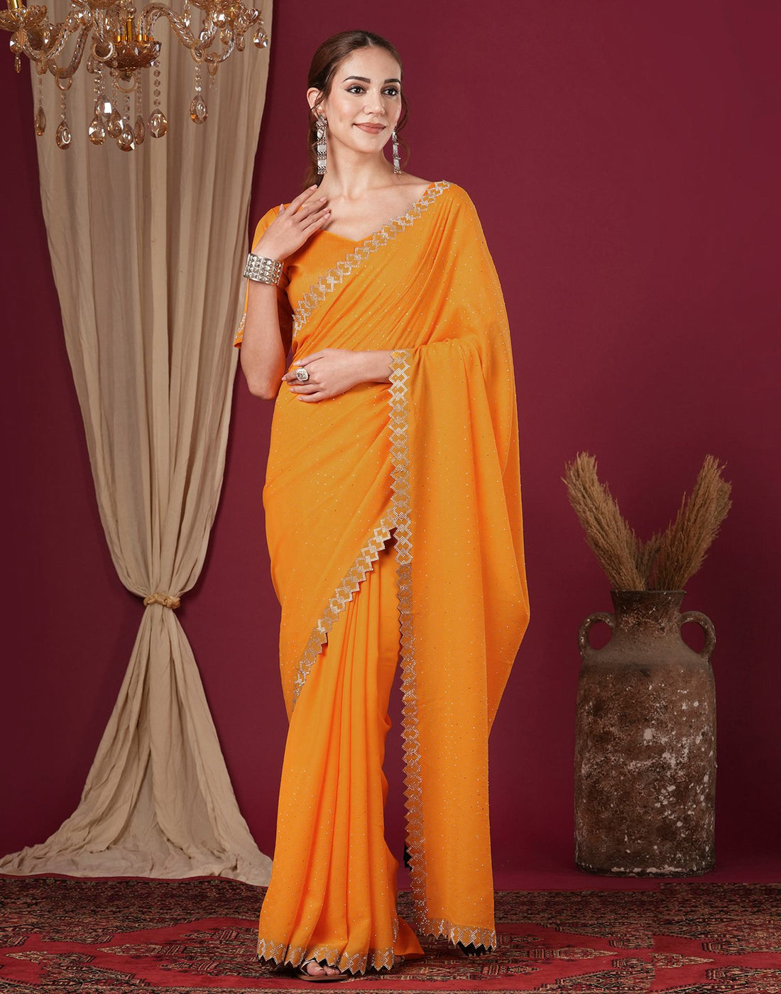 Yellow Georgette Stone Work Swarovski Saree