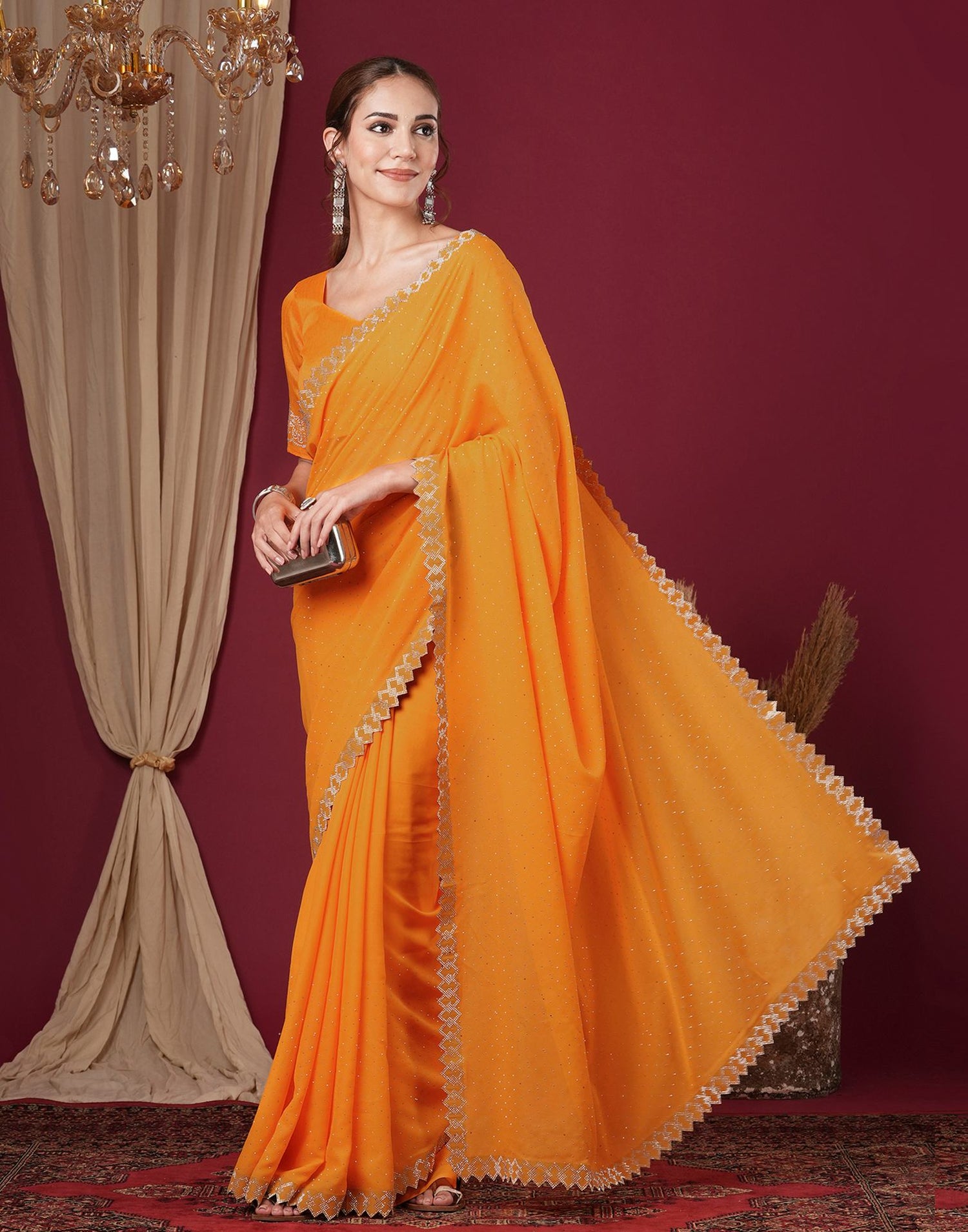 Yellow Georgette Stone Work Swarovski Saree