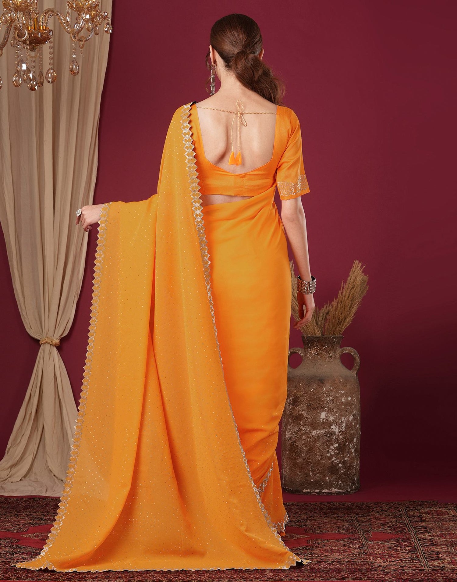 Yellow Georgette Stone Work Swarovski Saree