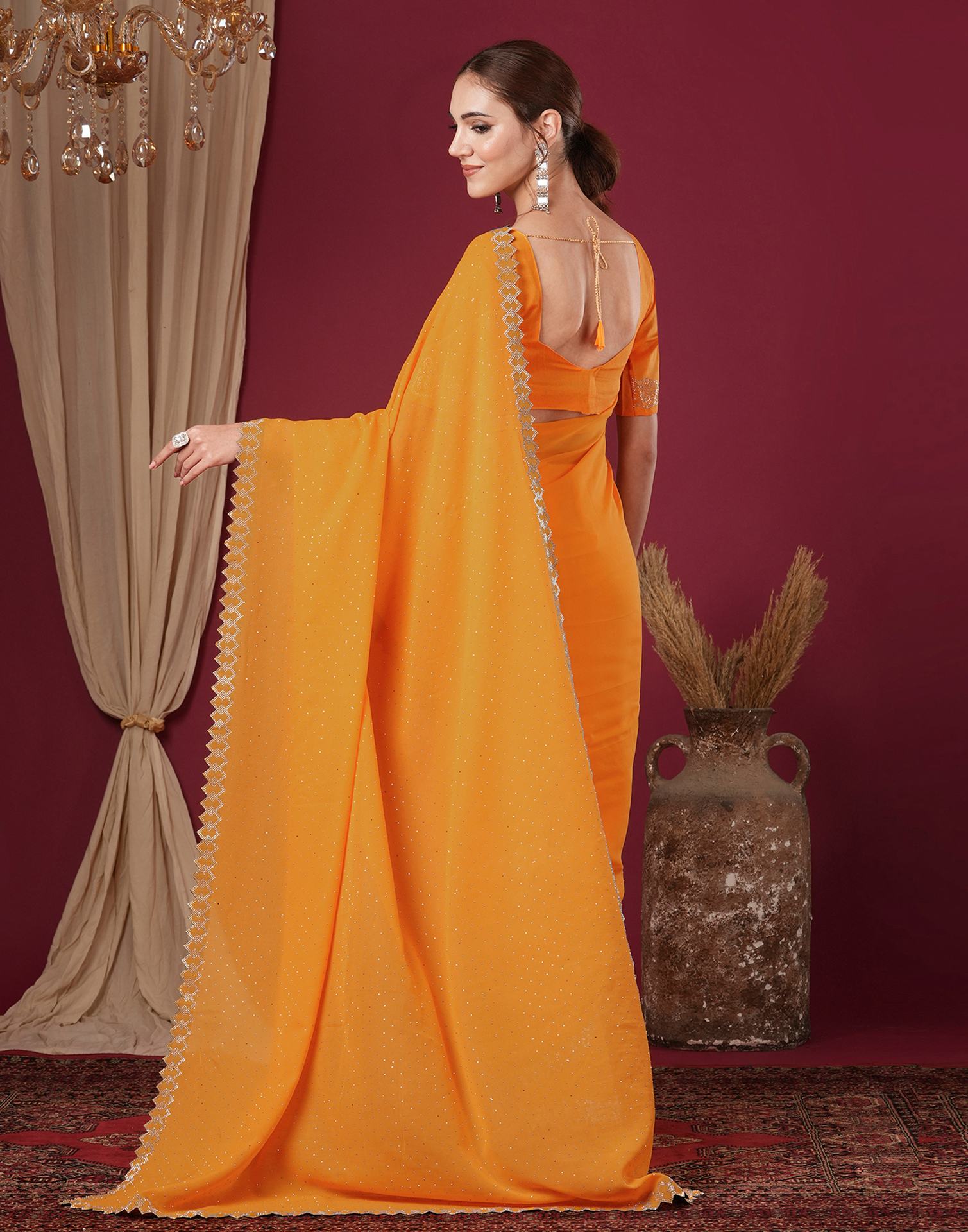 Yellow Georgette Stone Work Swarovski Saree