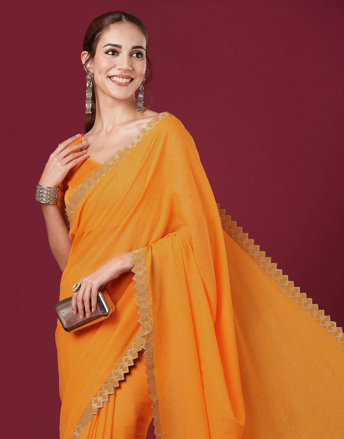 Yellow Georgette Stone Work Swarovski Saree